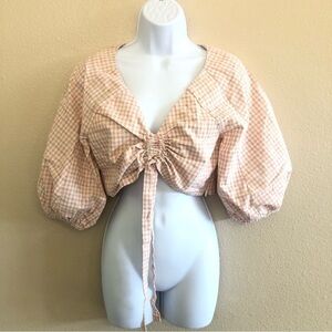 Chriselle x Joa Ruched Front Balloon Sleeves Patina Gingham Crop Top Size S